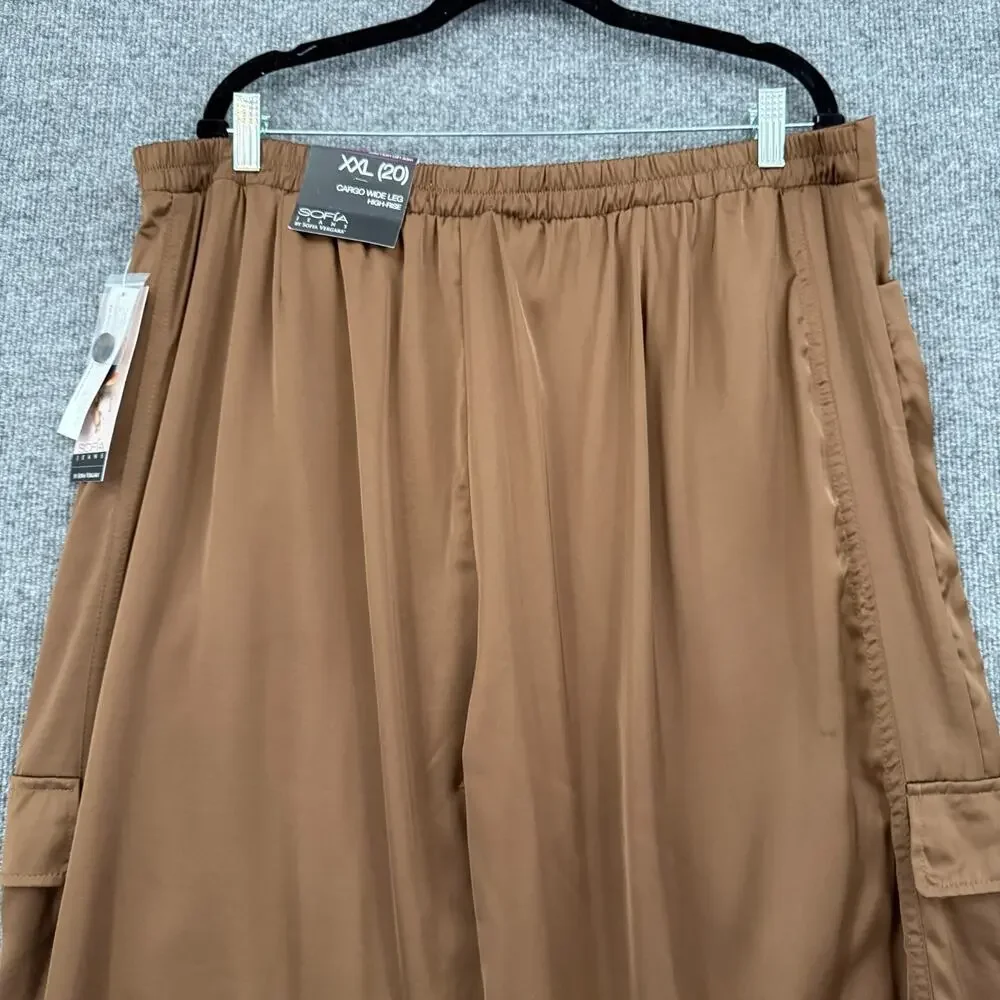 Sofia Vergara Womens Satin Cargo Wide Leg Pants Sz 20 XXL Brown Dressy High Rise